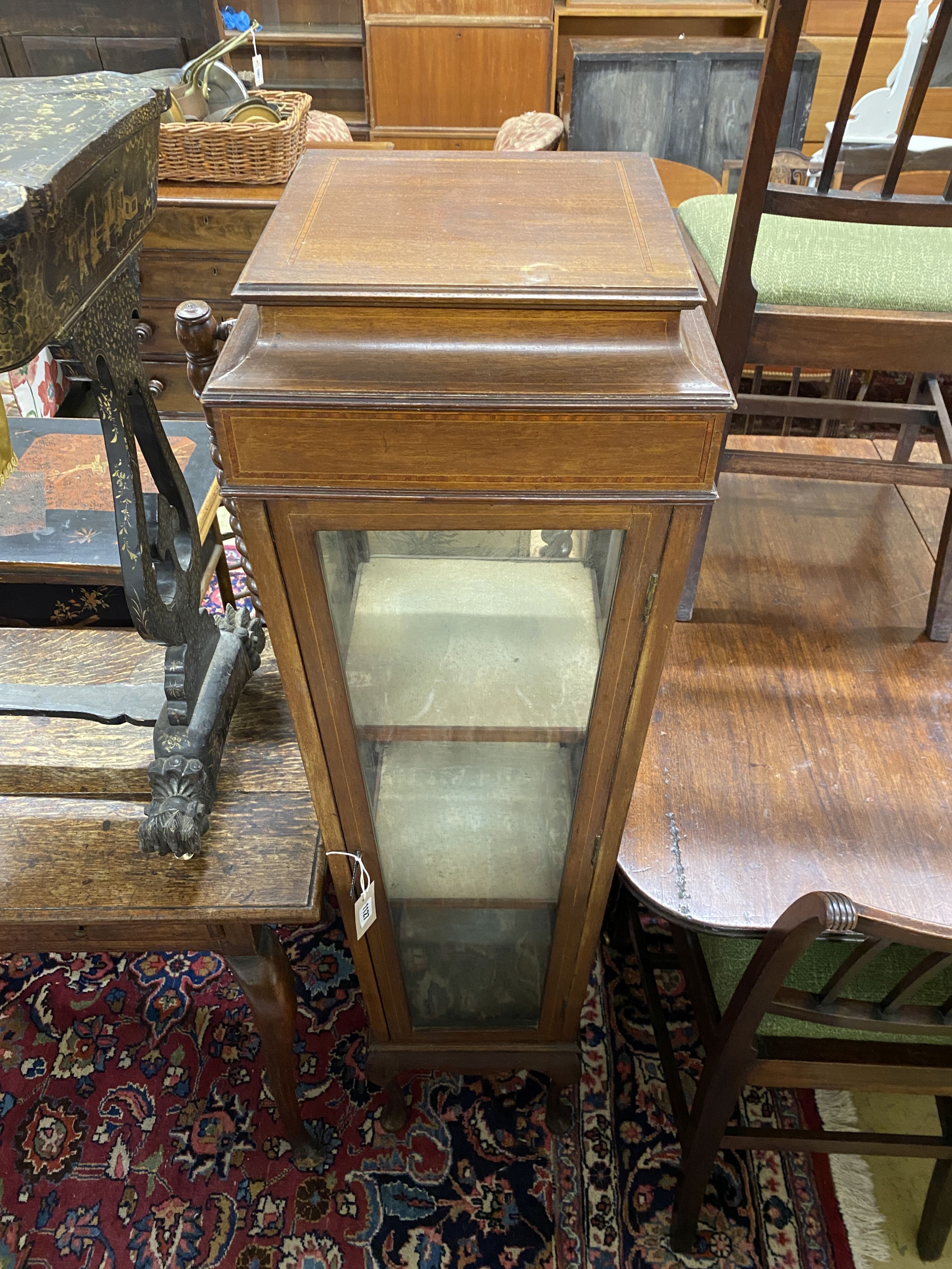 An Edwardian satinwood banded tapered mahogany bijouterie cabinet, width 37cm, height 138cm
